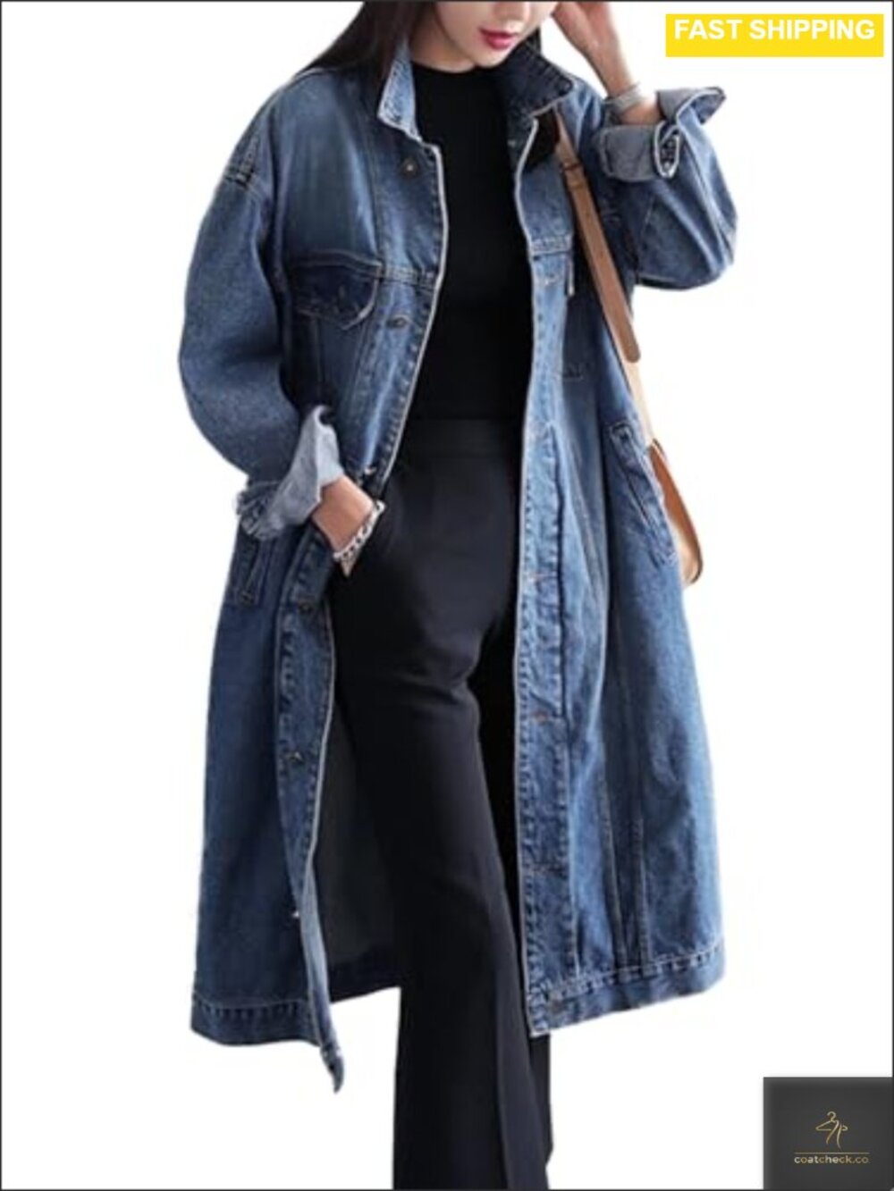 Womens Classic Denim Trench Coat Plus Size Button Down Long Jean Jacket